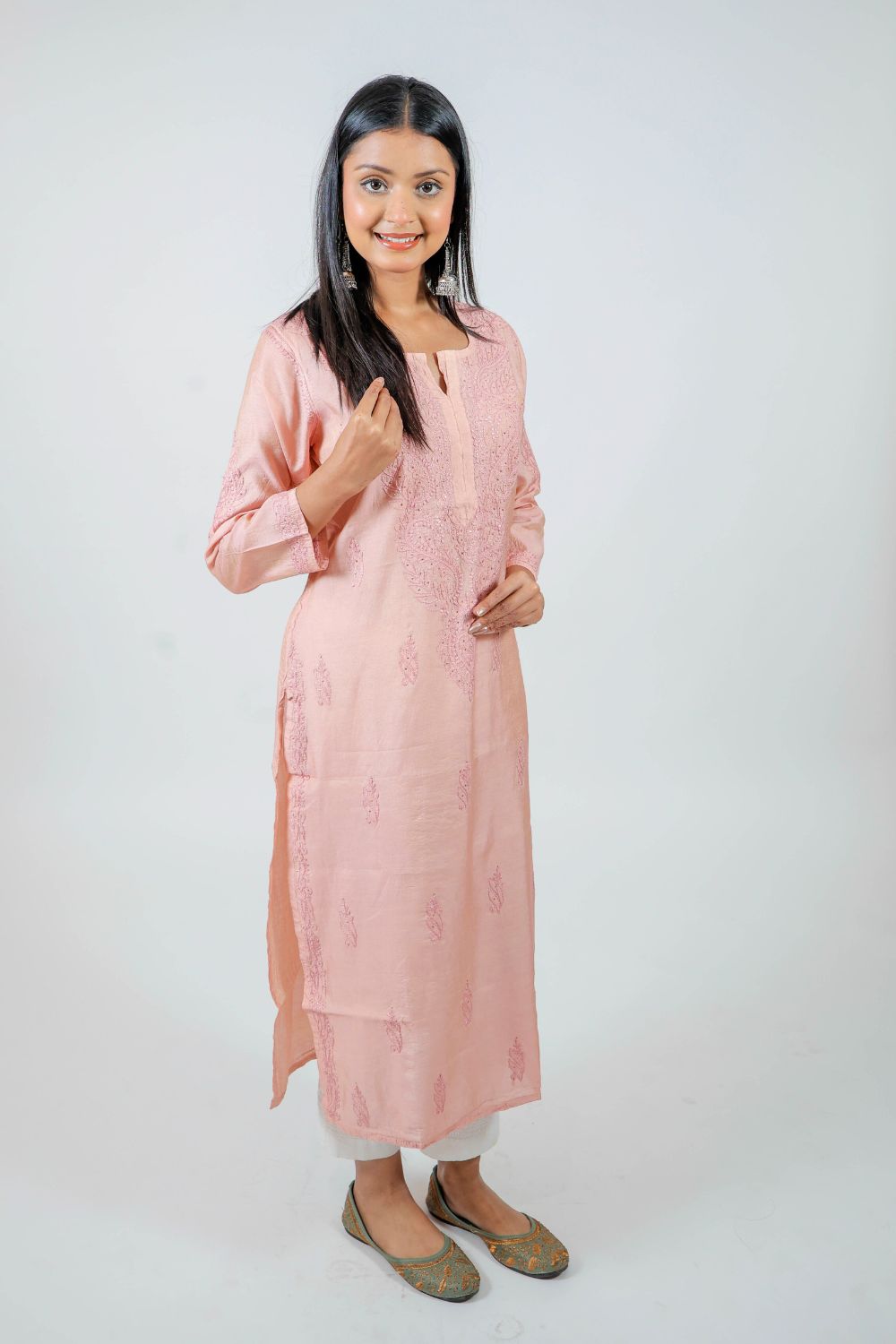 Soft Pink Chanderi Silk Chikankari Kurti