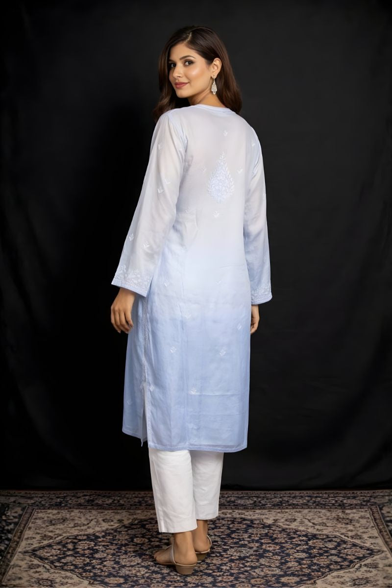 Electric Blue Ombre Modal Silk Chikankari Kurta