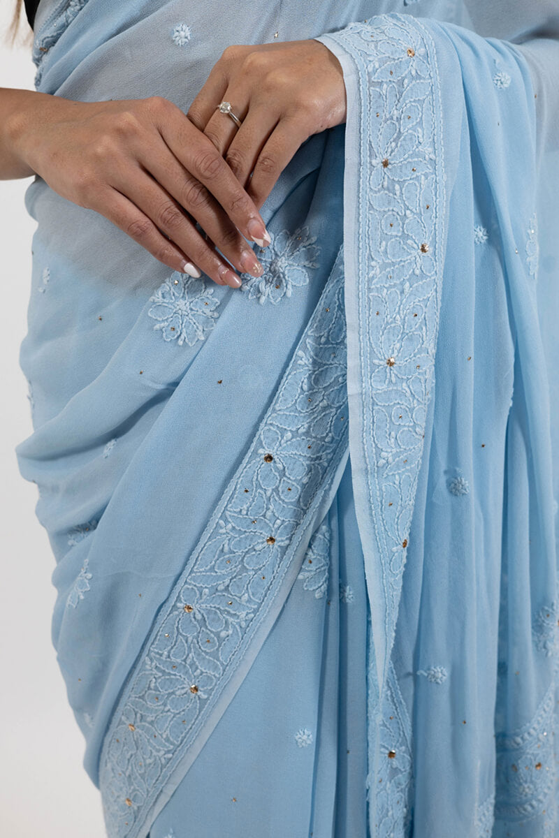 Powder Blue Georgette Saree with Mukesh Work & Resham Dhaga Embroidery