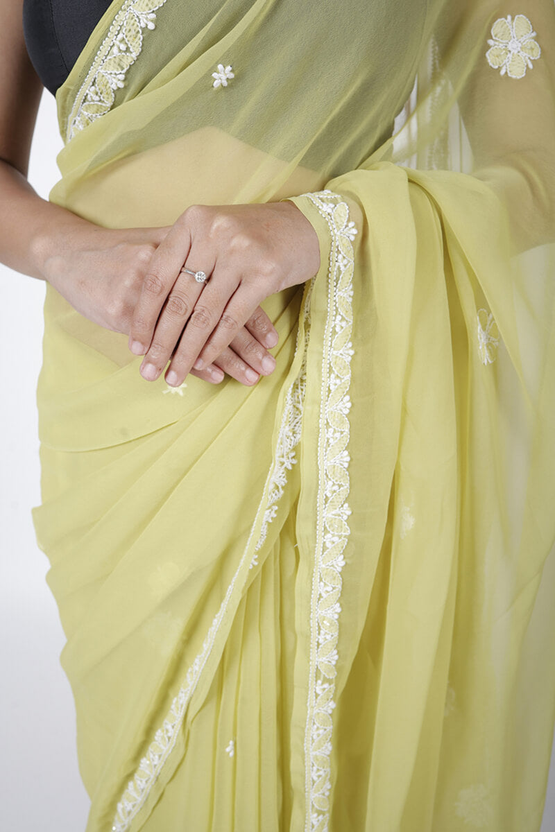 Mehndi Green Georgette Saree with Pearl & Katdana Work