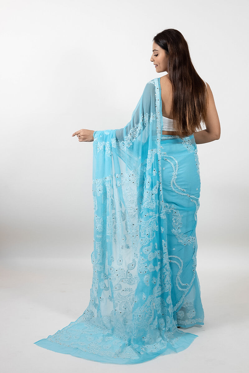 Sea Blue Chikankari Saree with Mukesh Work