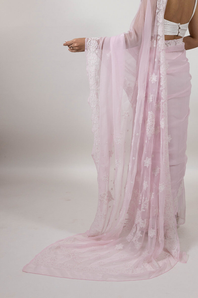 Baby Pink Georgette Saree with Katdana & Pearl Chikankari Embroidery