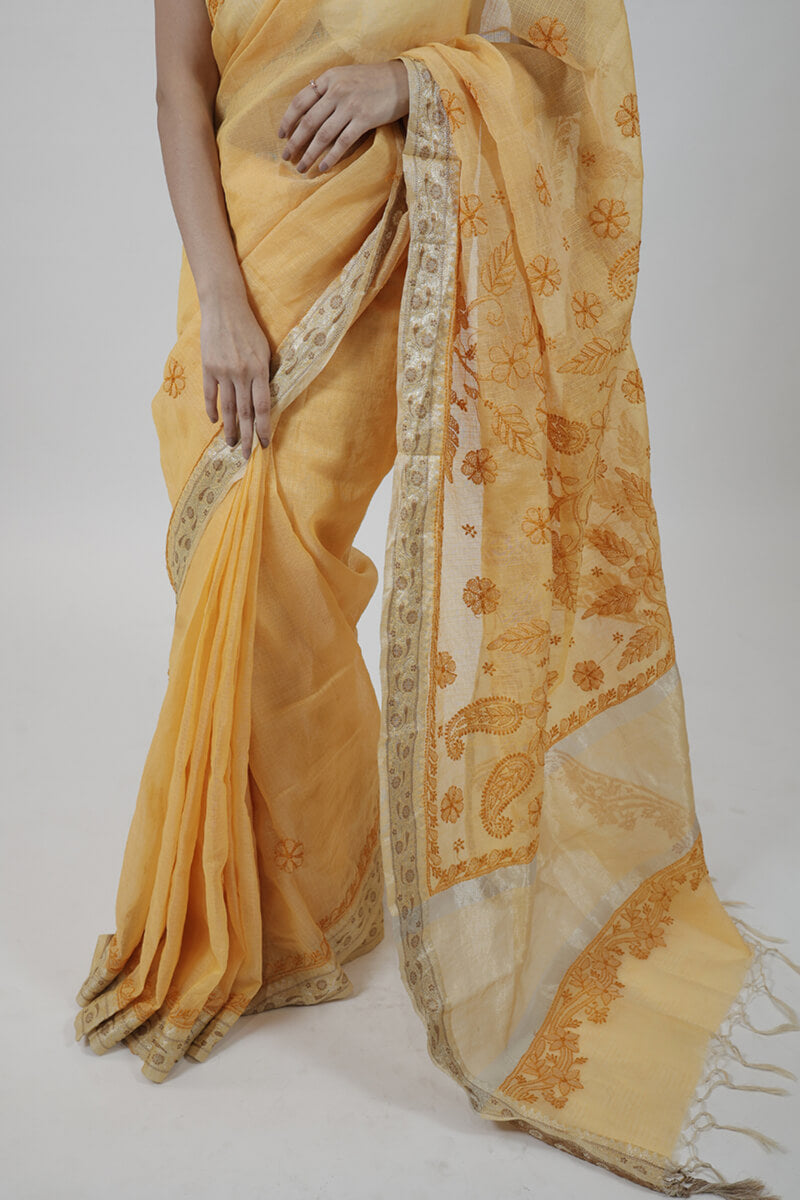 Orange Kota Chikankari Hand-Embroidered Saree