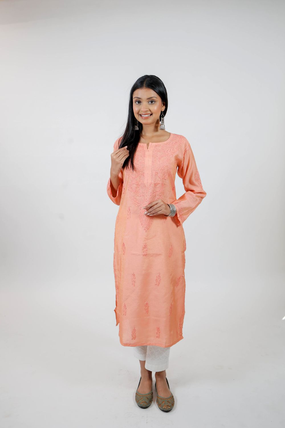 Orange Chanderi Silk Chikankari Kurti