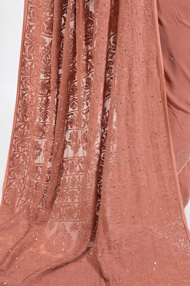 Rust Georgette Saree with Mukesh Work & Resham Dhaga Embroidery