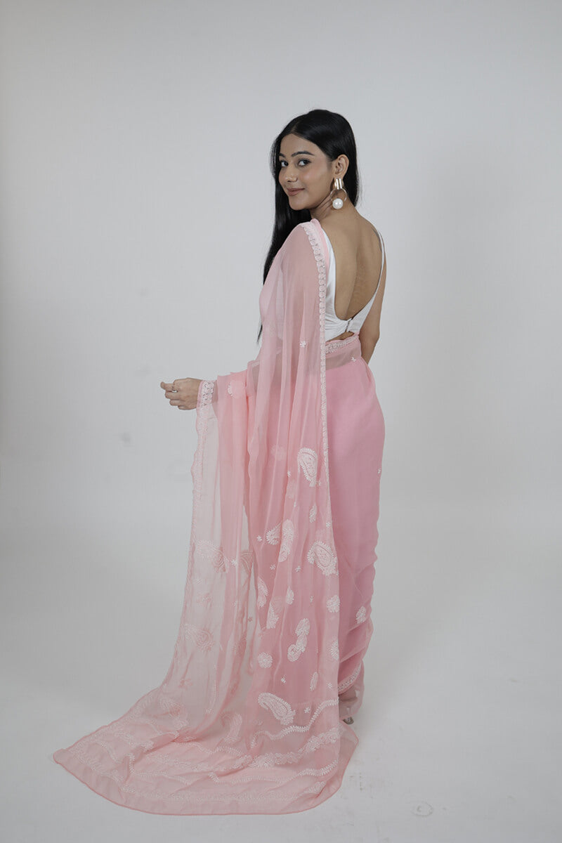 Pink Georgette Saree with Chikankari Embroidery