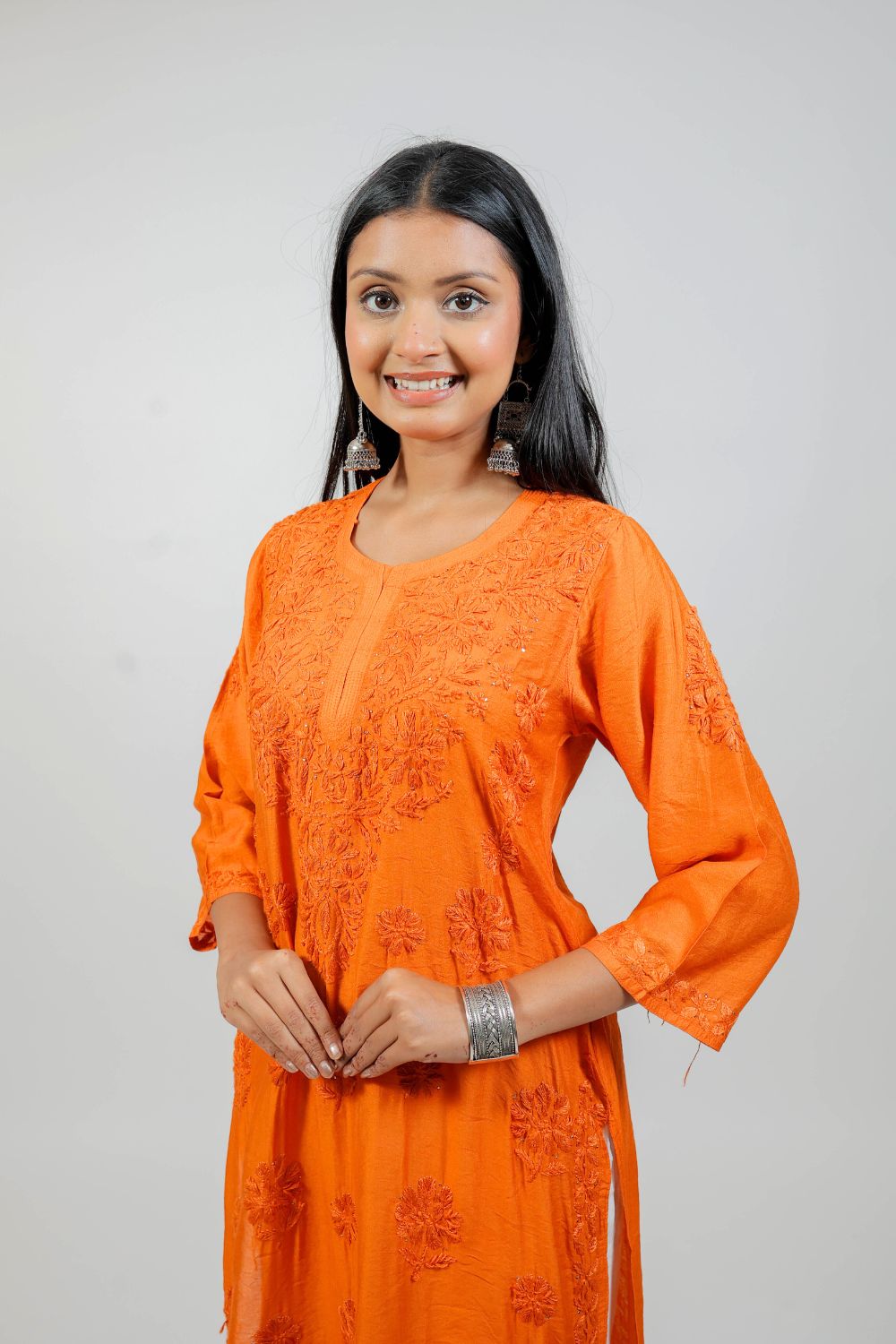 Rust Chanderi Silk Chikankari Kurti
