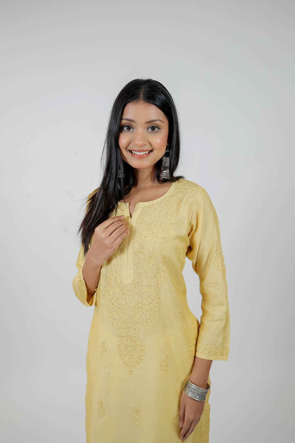 Sunshine Yellow Chanderi Silk Chikankari Kurti