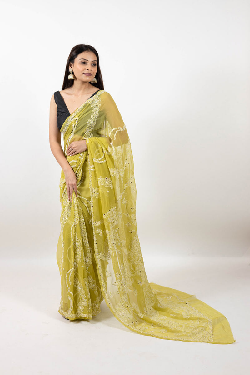 Mehndi Green Chikankari Saree with Mukesh Work