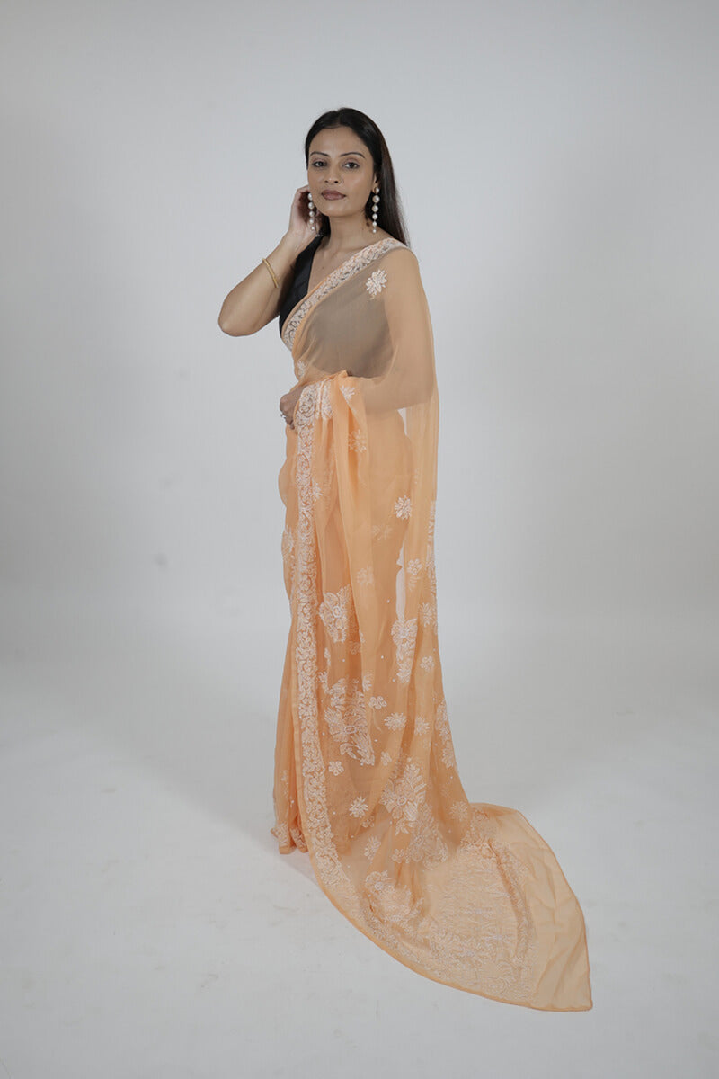 Peach Chikankari Saree with Pearl & Katdana Work