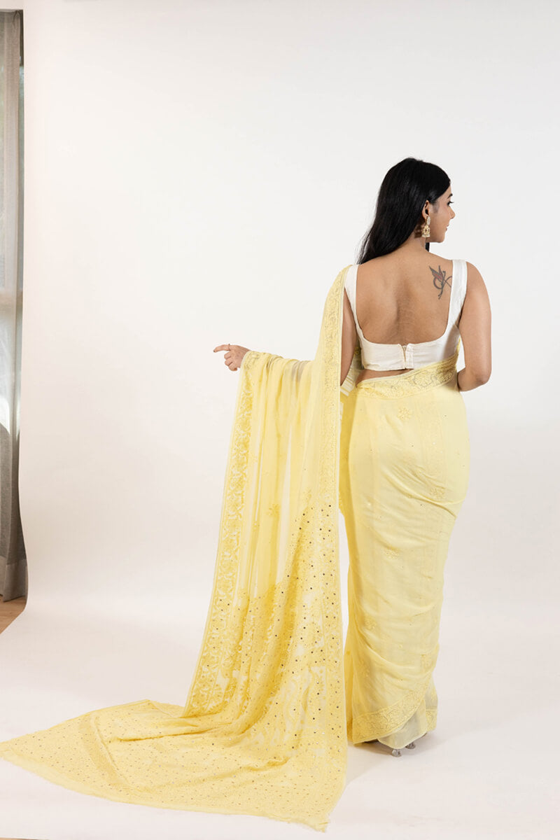 Yellow Georgette Saree with Mukesh Work & Resham Dhaga Embroidery