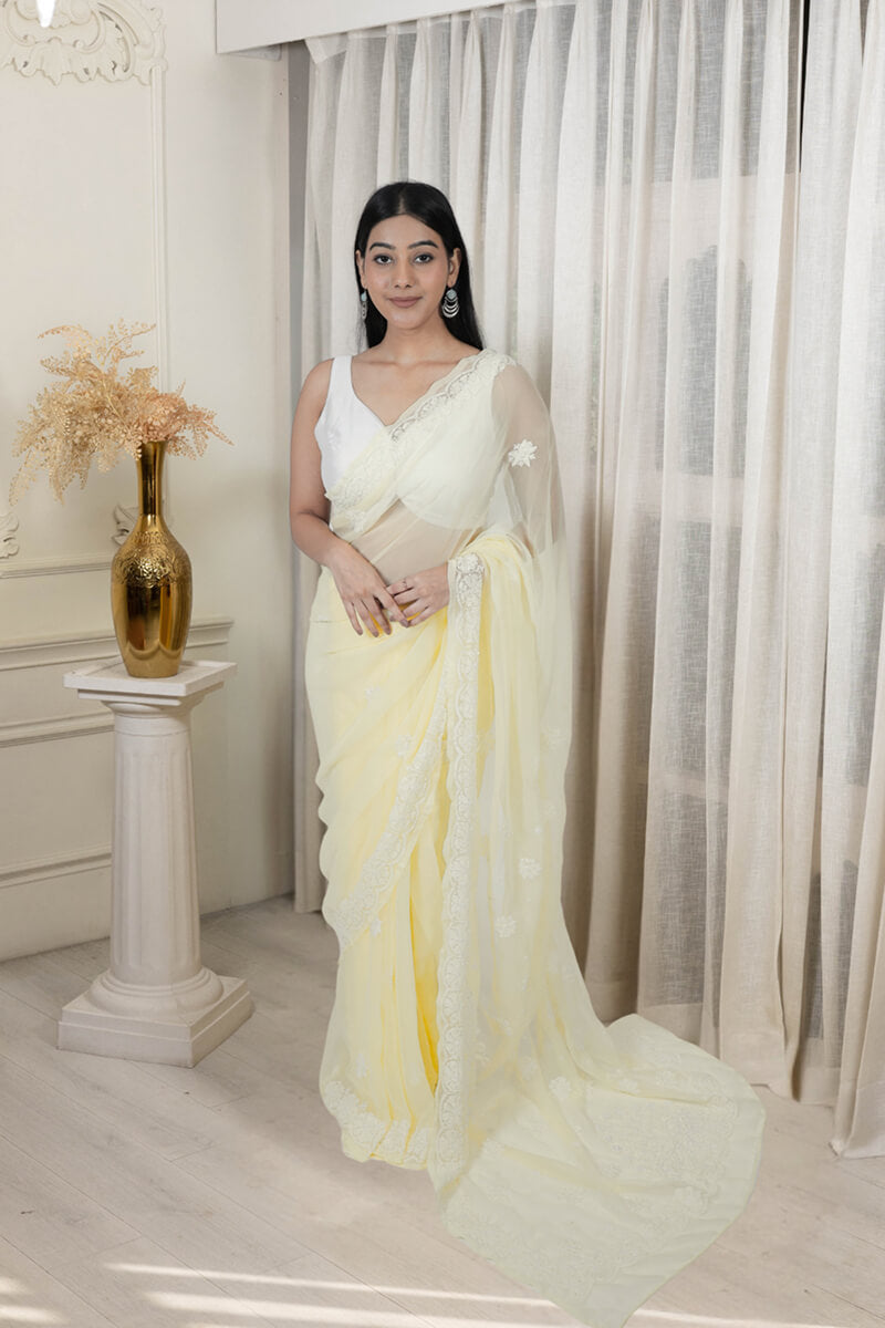 Lime Yellow Georgette Saree with Pearl & Katdana Work