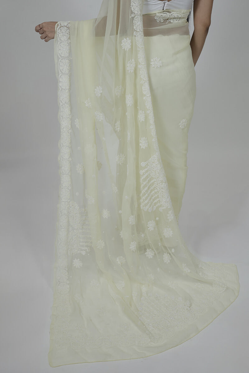 Pale Beige Georgette Saree with Pearl & Katdana Work
