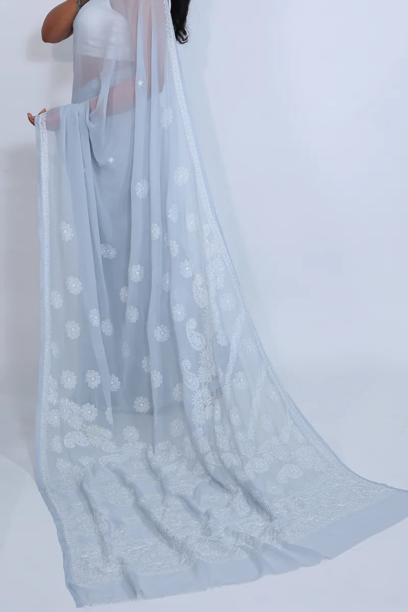 Grey Georgette Saree with Classic Chikankari Embroidery