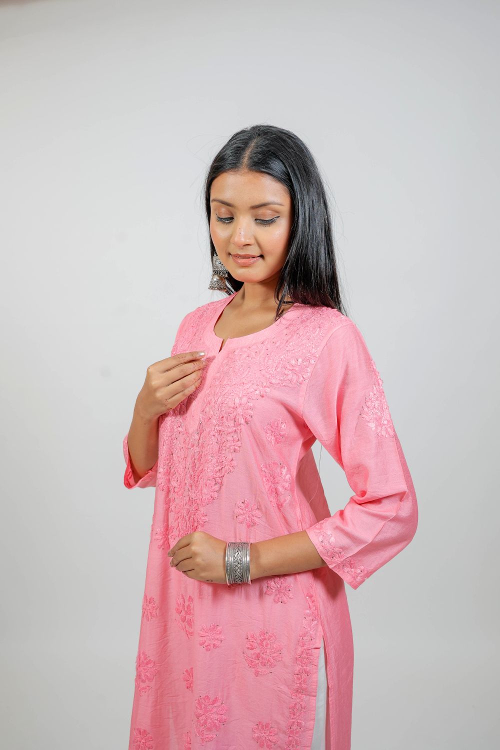 Pink Chanderi Silk Chikankari Kurti