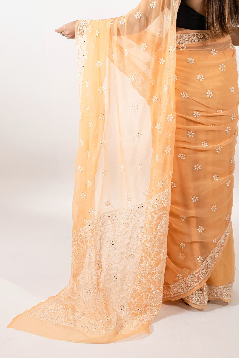 Orange Chikankari Saree with Mukesh Work & Floral Motif Embroidery