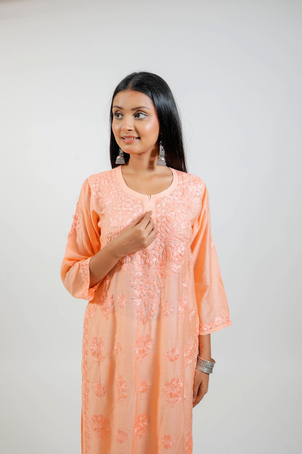 Peach Chanderi Silk Chikankari Kurti