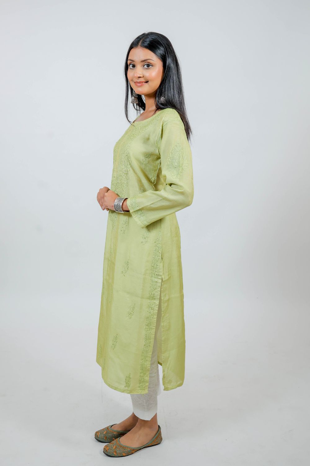 Parrot Green Chanderi Silk Chikankari Kurti