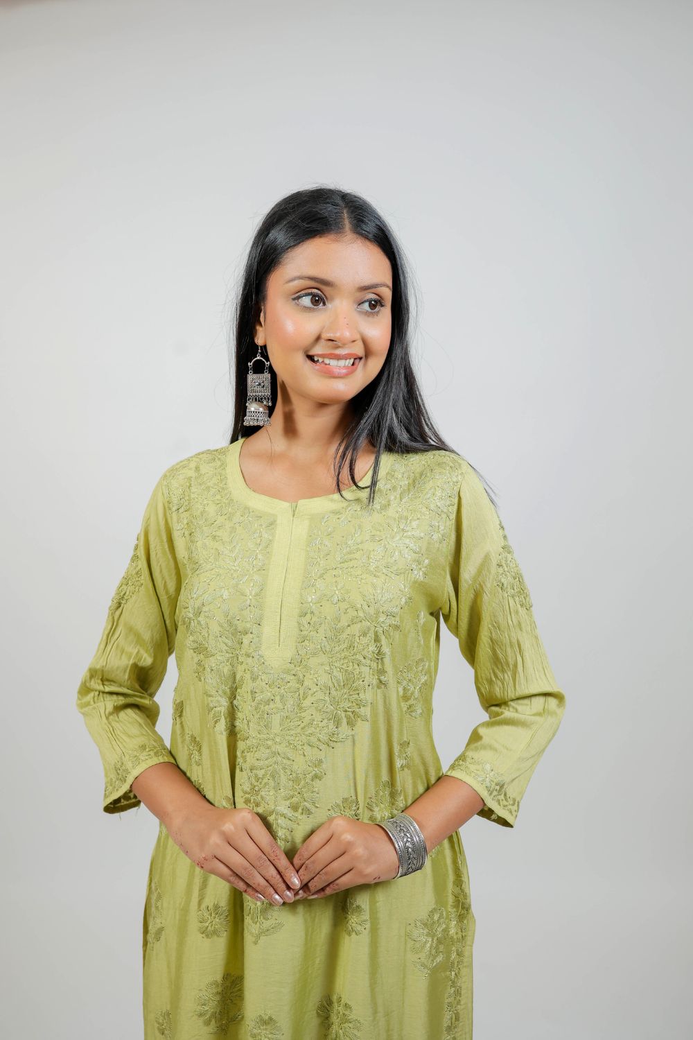 Mehendi Green Chanderi Silk Chikankari Kurti