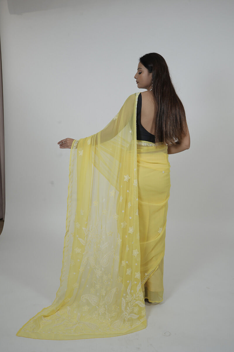 Yellow Georgette Saree with Pearl & Katdana Work