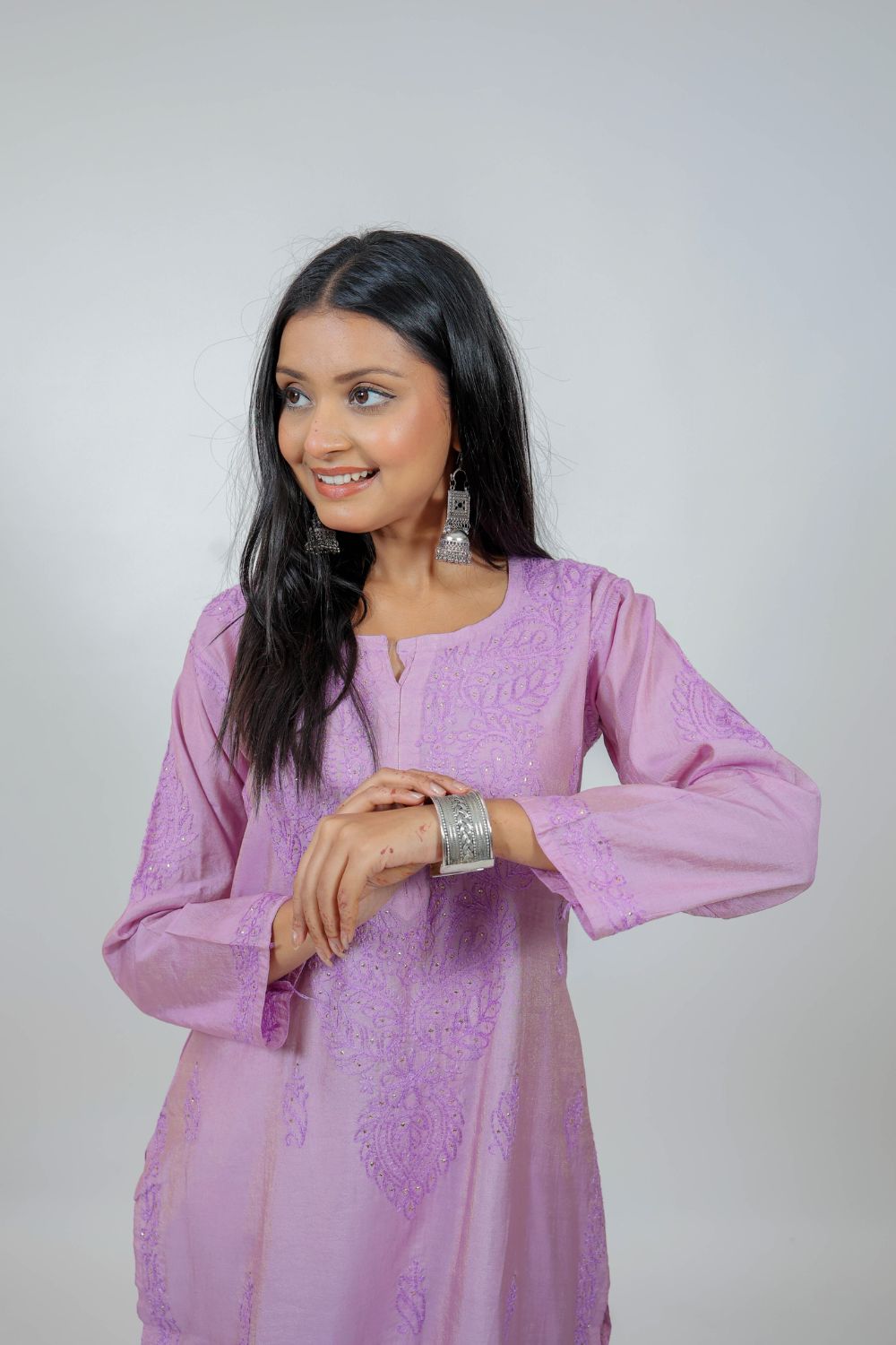 Light Violet Chanderi Silk Chikankari Kurti