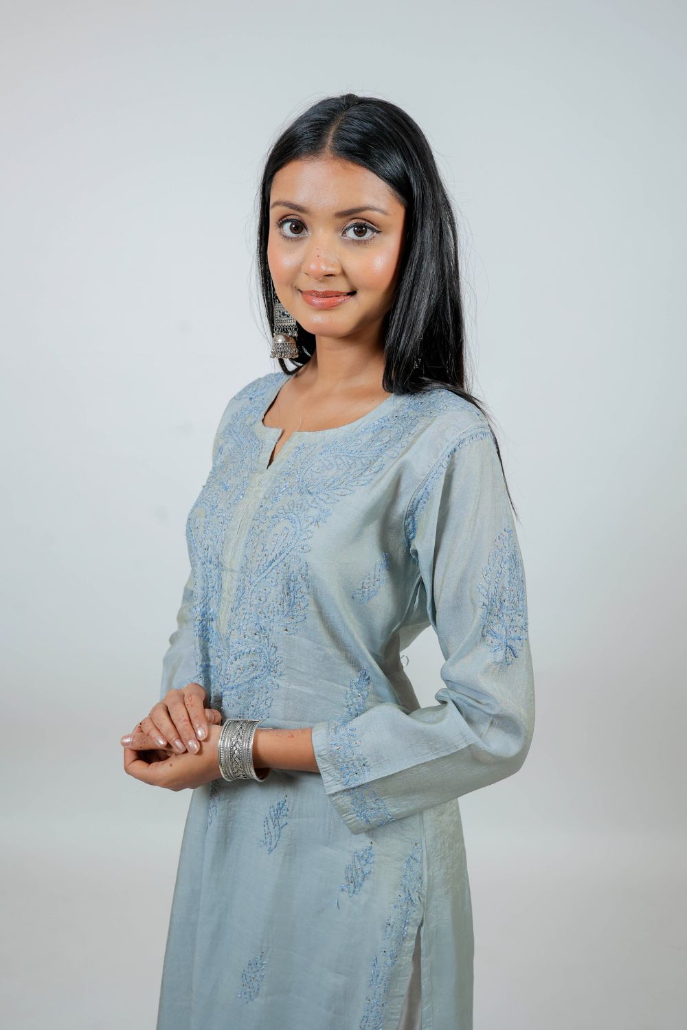 Grey Chanderi Silk Chikankari Kurti