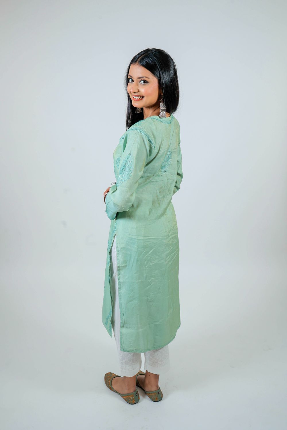 Mint Green Chanderi Silk Chikankari Kurti