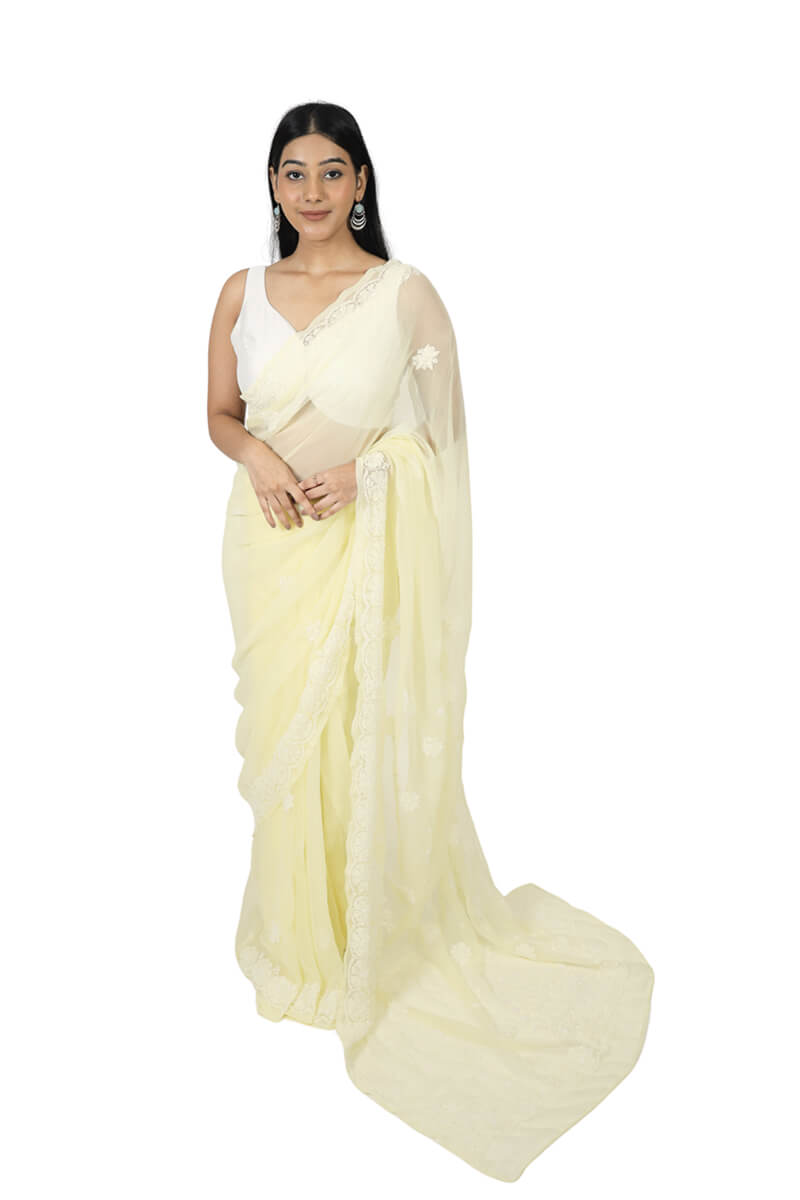 Lime Yellow Georgette Saree with Pearl & Katdana Work