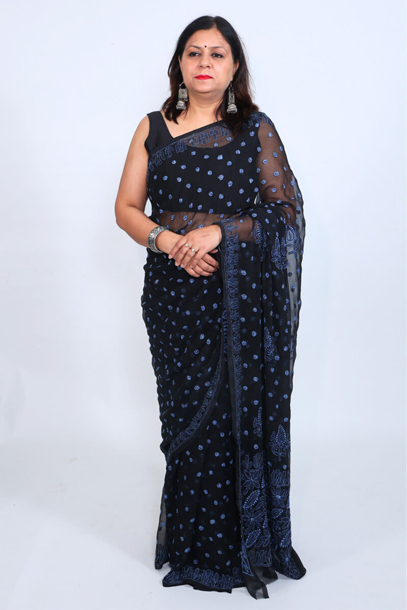 Midnight Blue Georgette Saree with Bold & Delicate Chikankari Work