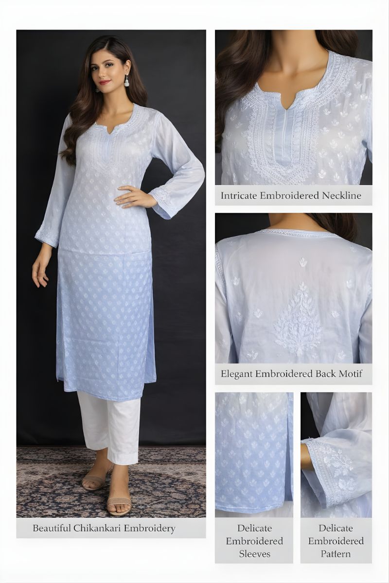 Electric Blue Ombre Modal Silk Chikankari Kurta