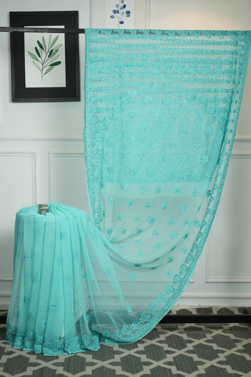 Turquoise Blue Georgette Saree with Chikankari Embroidery