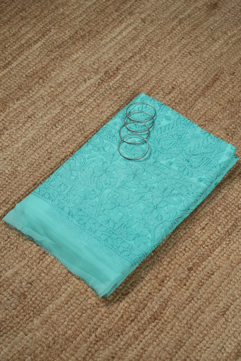Turquoise Blue Georgette Saree with Chikankari Embroidery