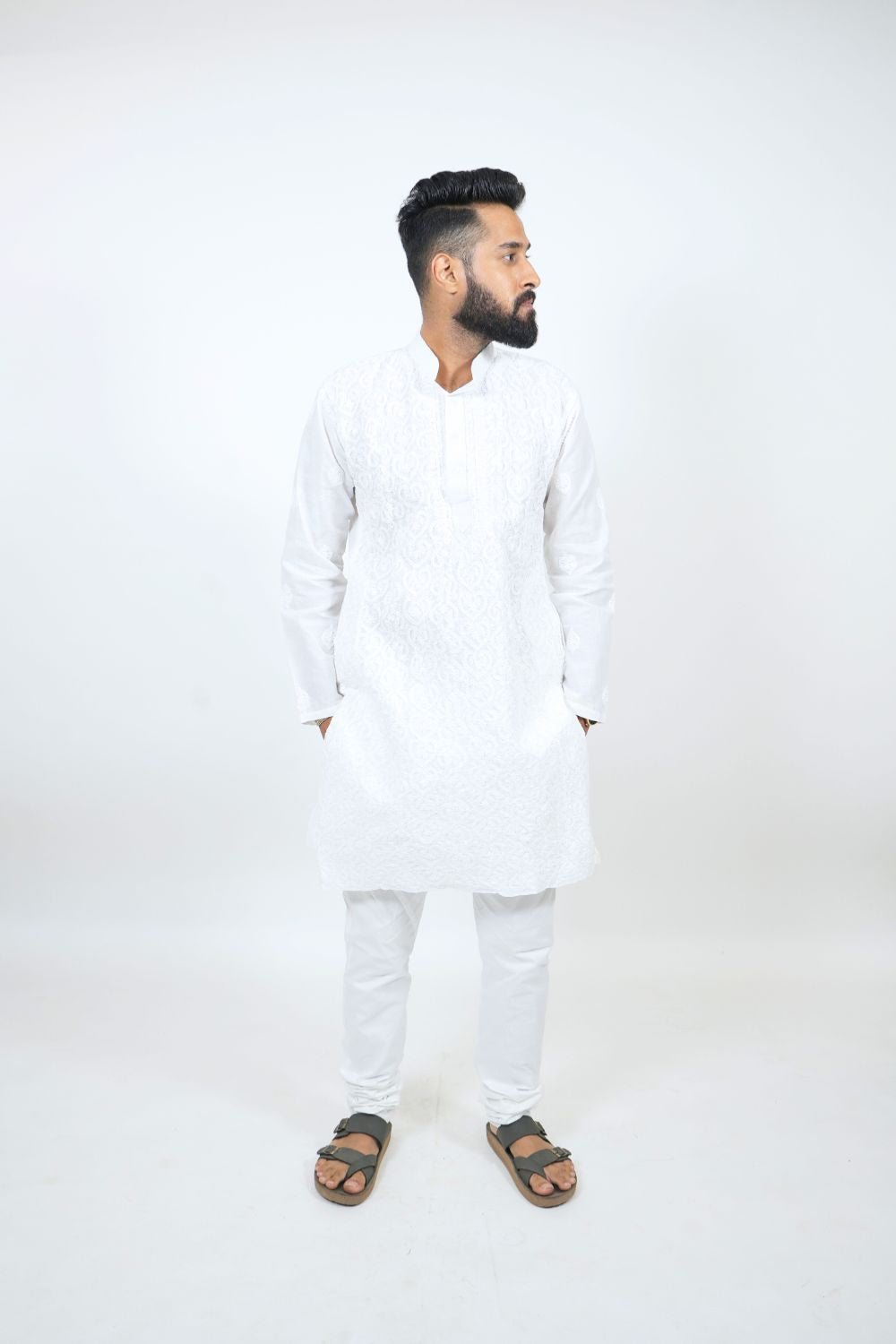 White Mul Cotton Chikankari Men Kurta
