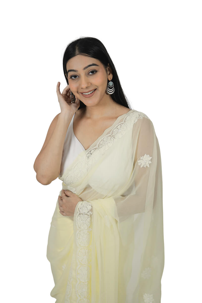 Lime Yellow Georgette Saree with Pearl & Katdana Work