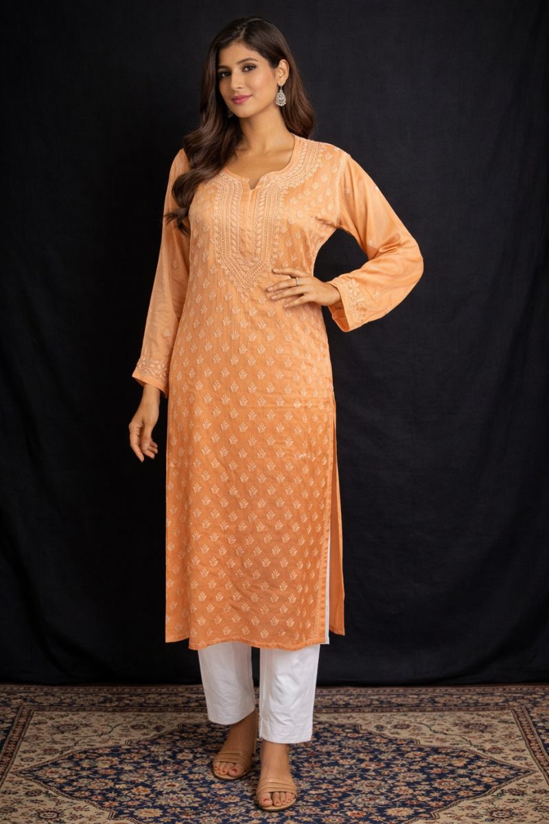 Muted Rust Peach Ombre Modal Silk Chikankari Kurta