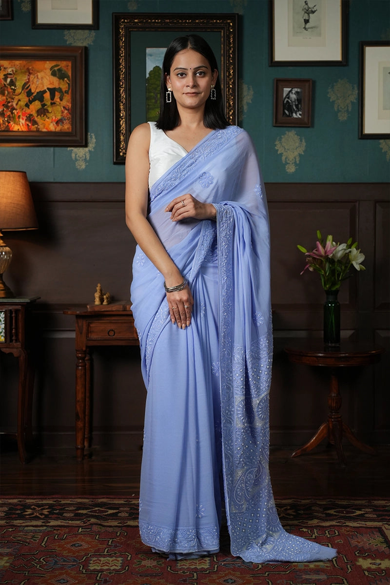 Light Violet Georgette Saree with Katdana, Pearl & Resham Dhaga Work
