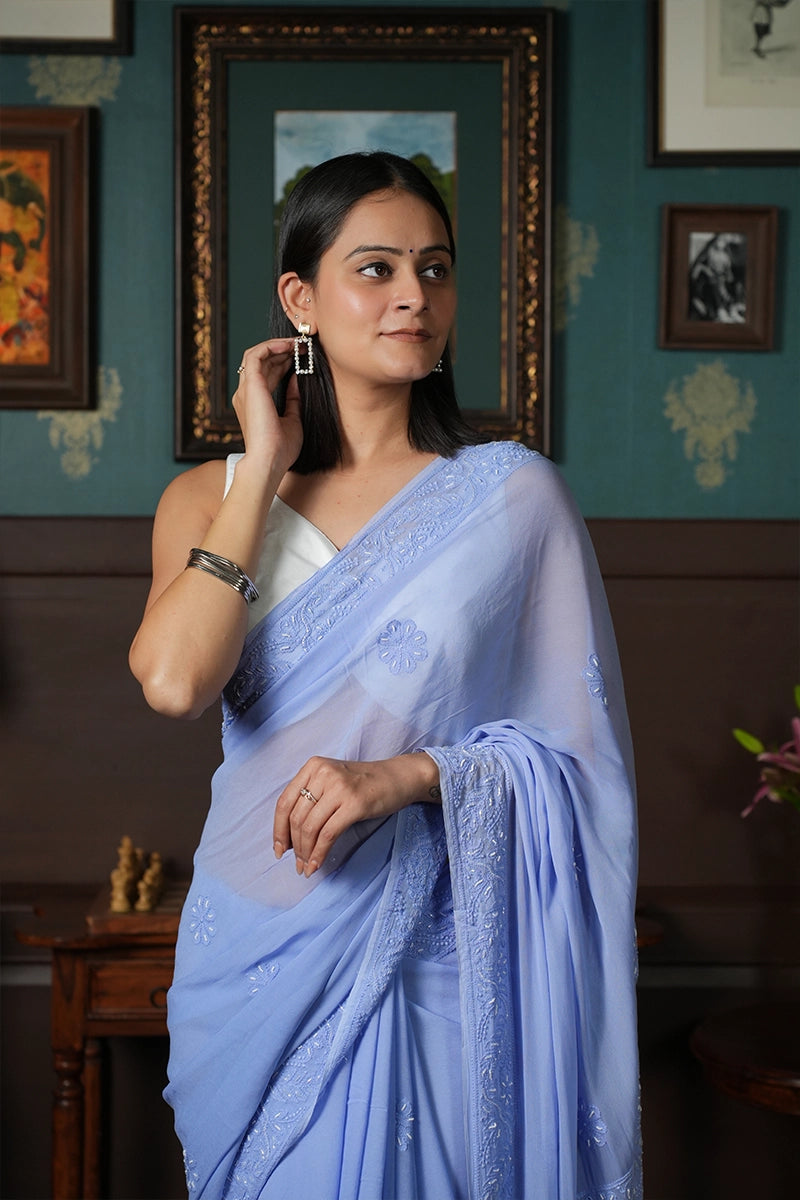 Light Violet Georgette Saree with Katdana, Pearl & Resham Dhaga Work
