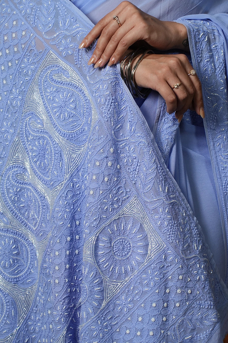 Light Violet Georgette Saree with Katdana, Pearl & Resham Dhaga Work