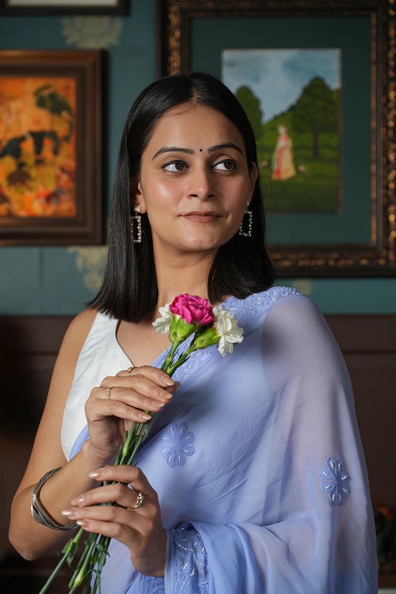 Light Violet Georgette Saree with Katdana, Pearl & Resham Dhaga Work