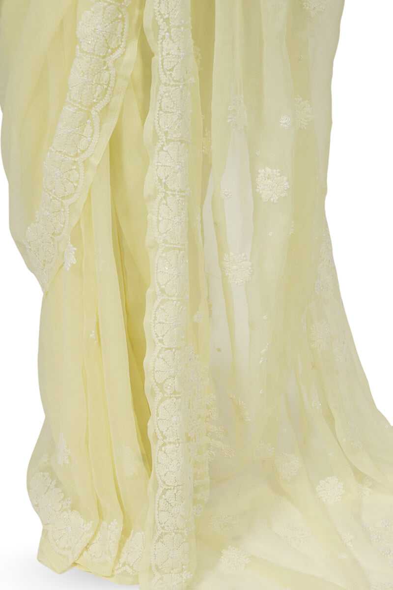 Lime Yellow Georgette Saree with Pearl & Katdana Work