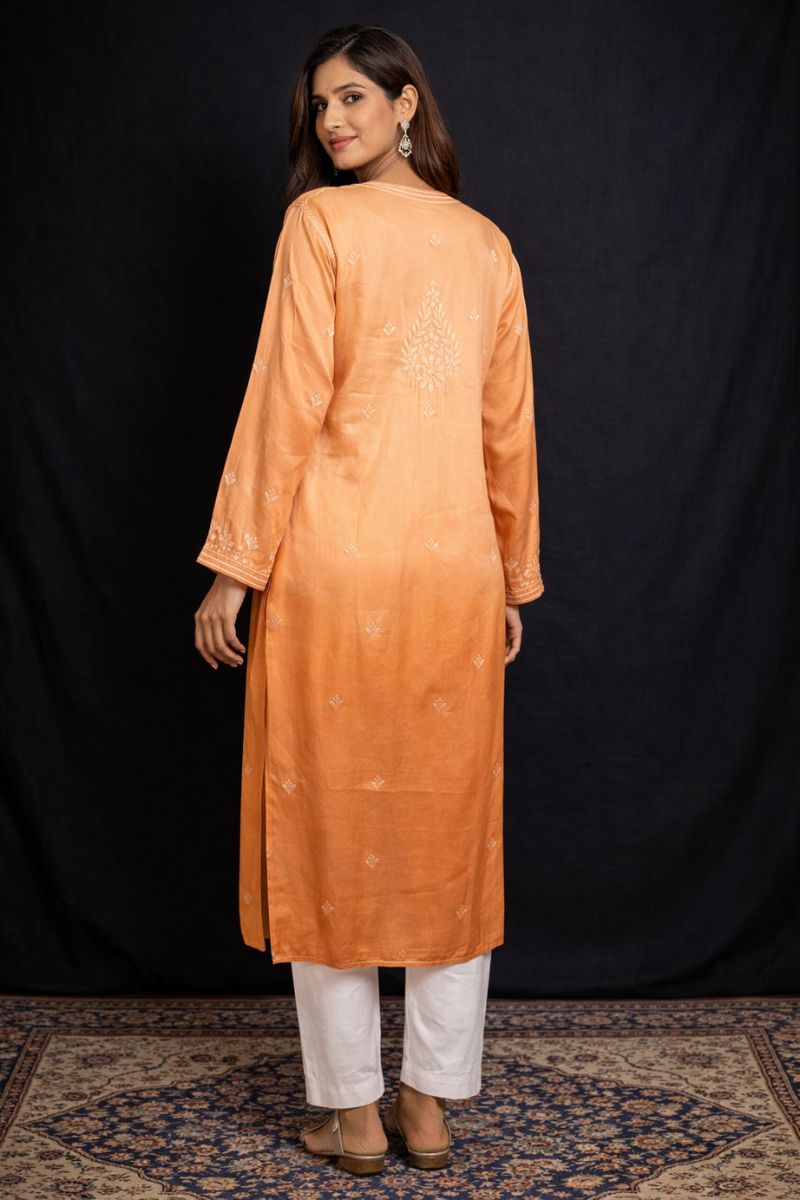 Muted Rust Peach Ombre Modal Silk Chikankari Kurta