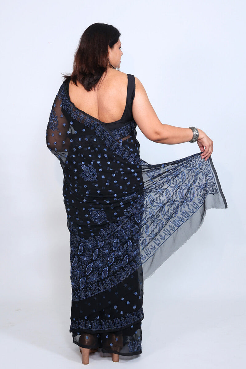 Midnight Blue Georgette Saree with Bold & Delicate Chikankari Work