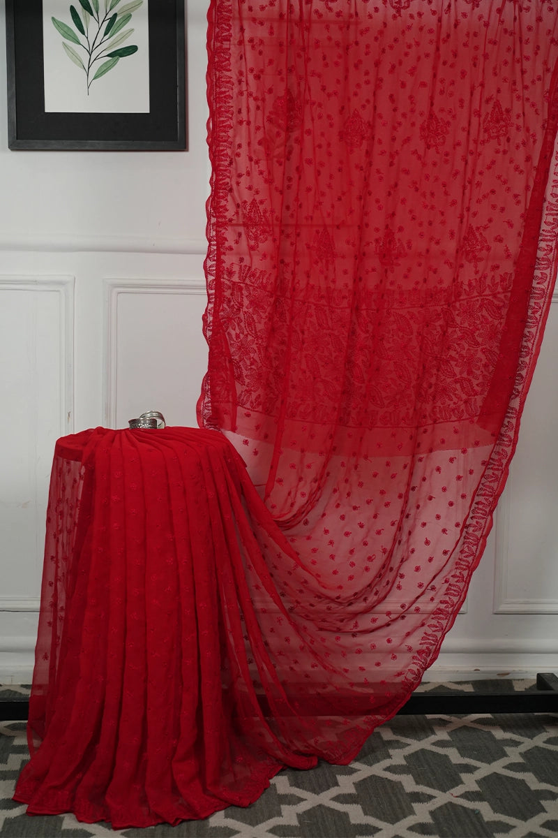 Scarlet Red Georgette Saree with Bold Traditional Chikankari Embroidery