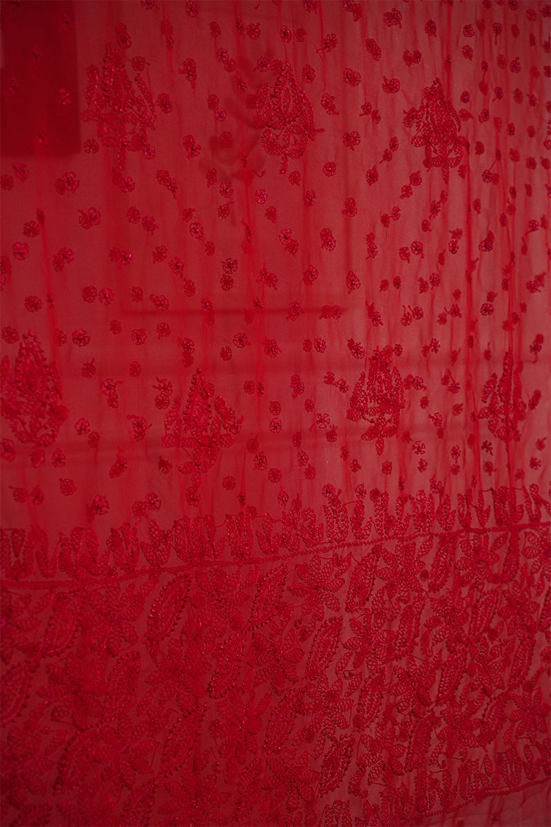 Scarlet Red Georgette Saree with Bold Traditional Chikankari Embroidery