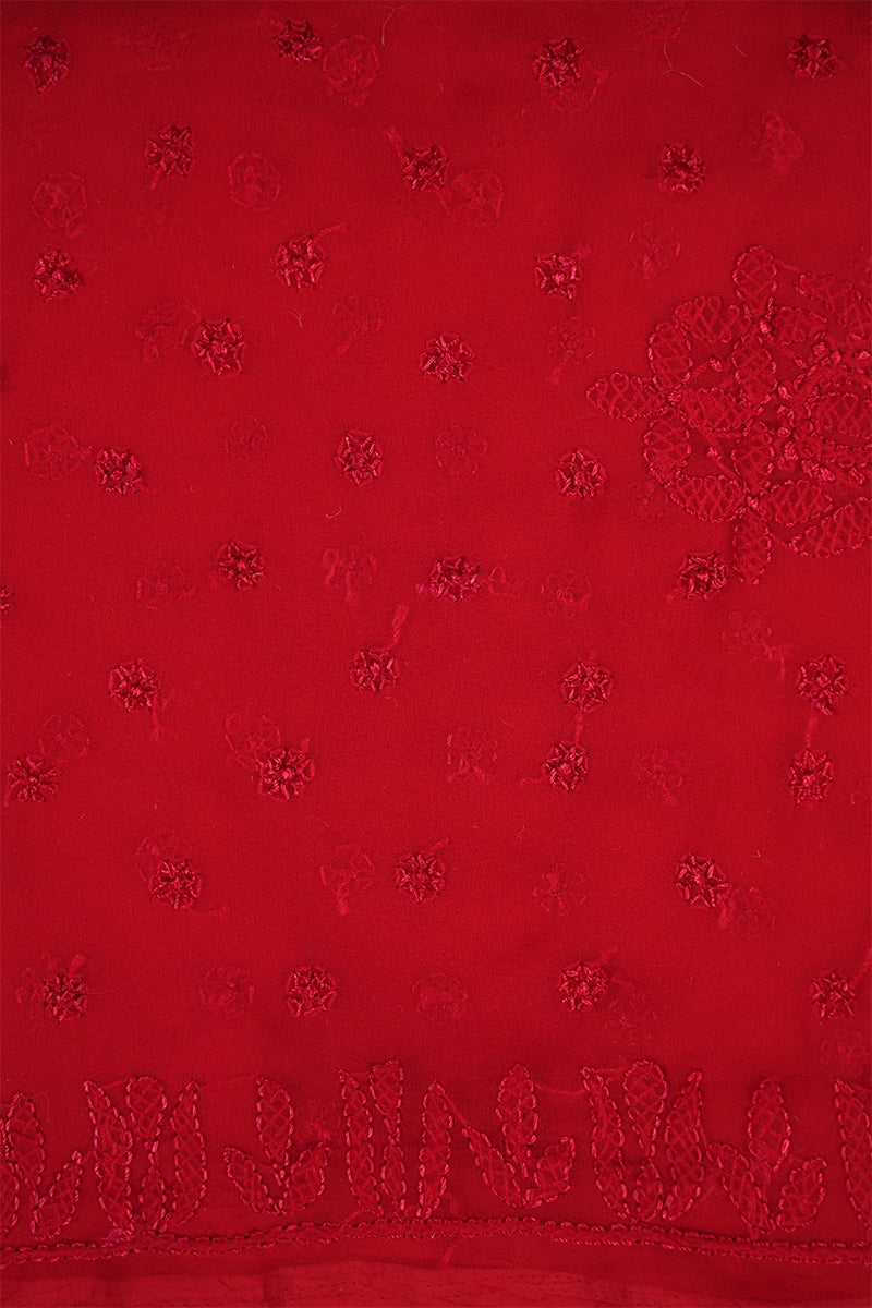 Scarlet Red Georgette Saree with Bold Traditional Chikankari Embroidery