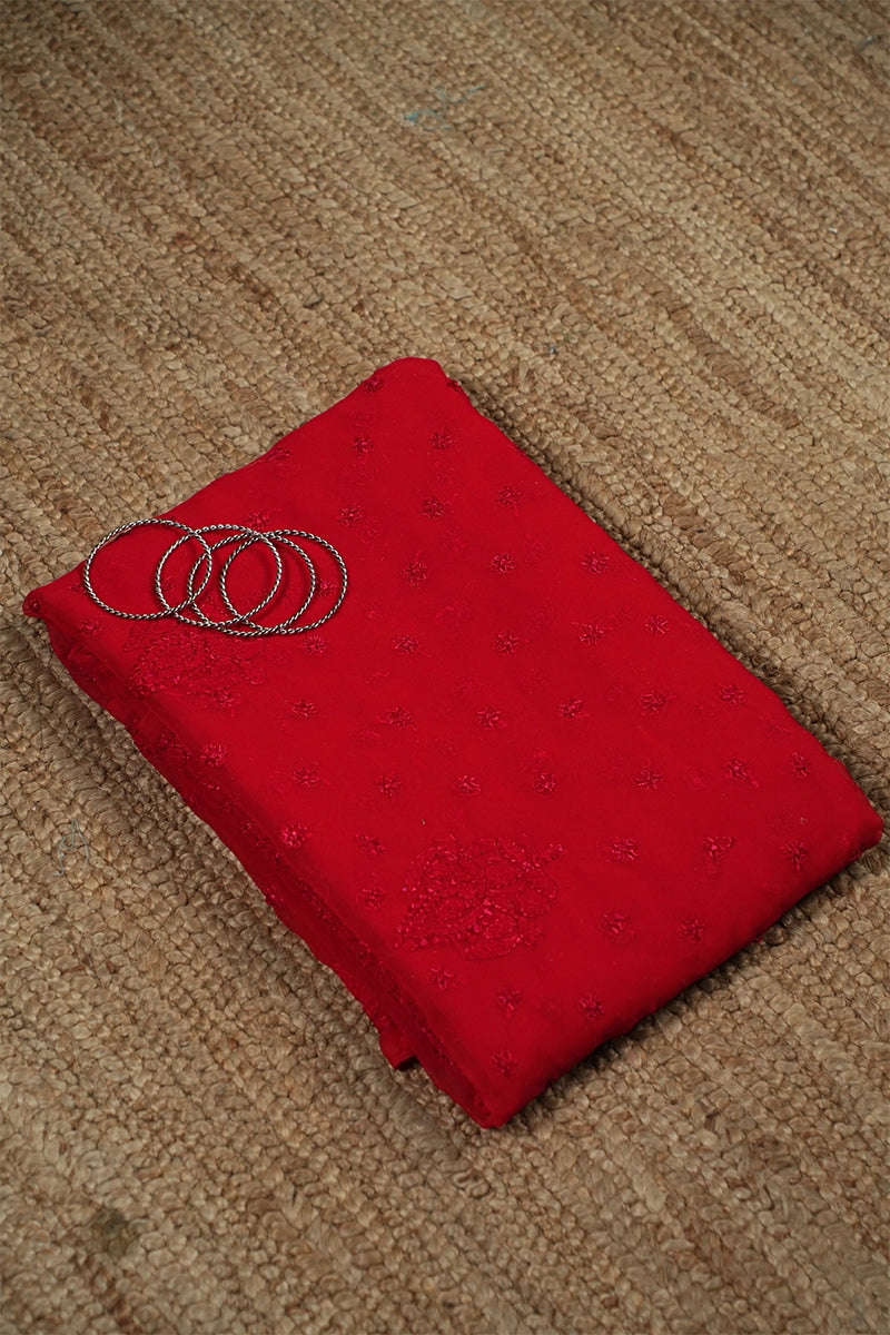 Scarlet Red Georgette Saree with Bold Traditional Chikankari Embroidery