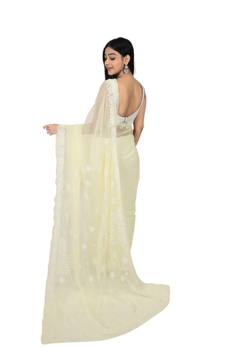Lime Yellow Georgette Saree with Pearl & Katdana Work