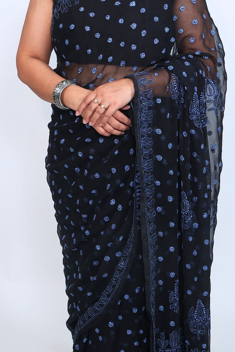 Midnight Blue Georgette Saree with Bold & Delicate Chikankari Work
