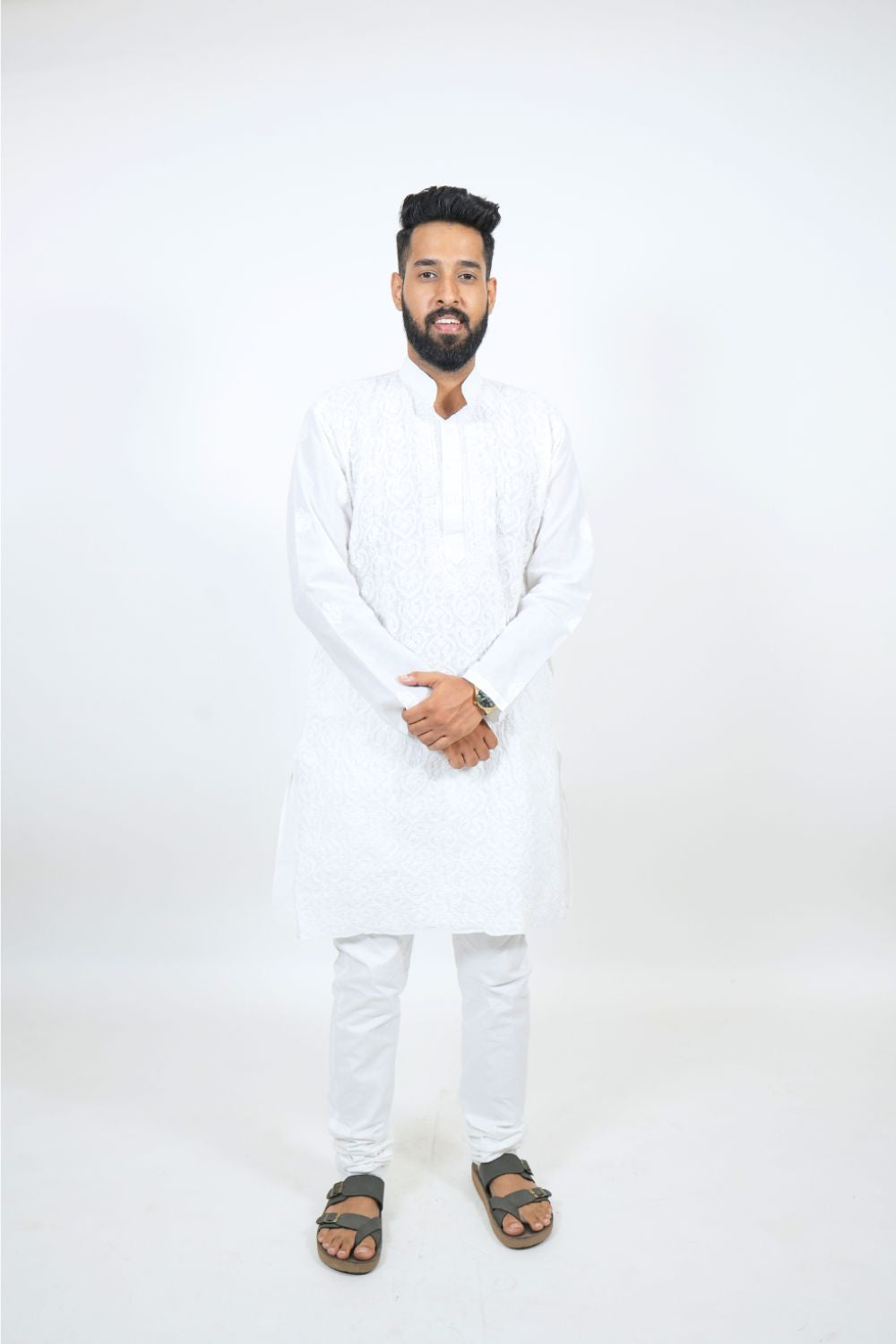 White Mul Cotton Chikankari Men Kurta