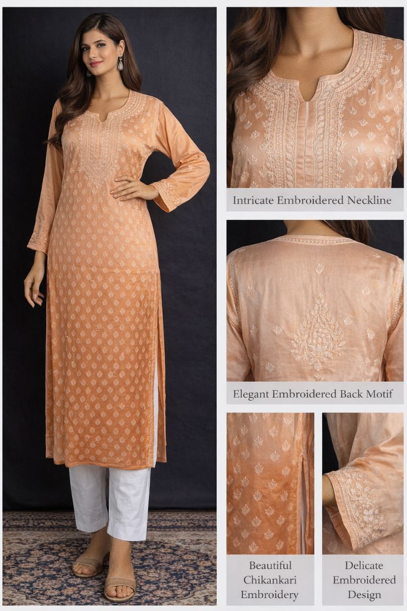 Muted Rust Peach Ombre Modal Silk Chikankari Kurta